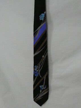 Vintage LEONARD PARIS Made In Italy Silk Tie Black Blue Floral Botanical Print